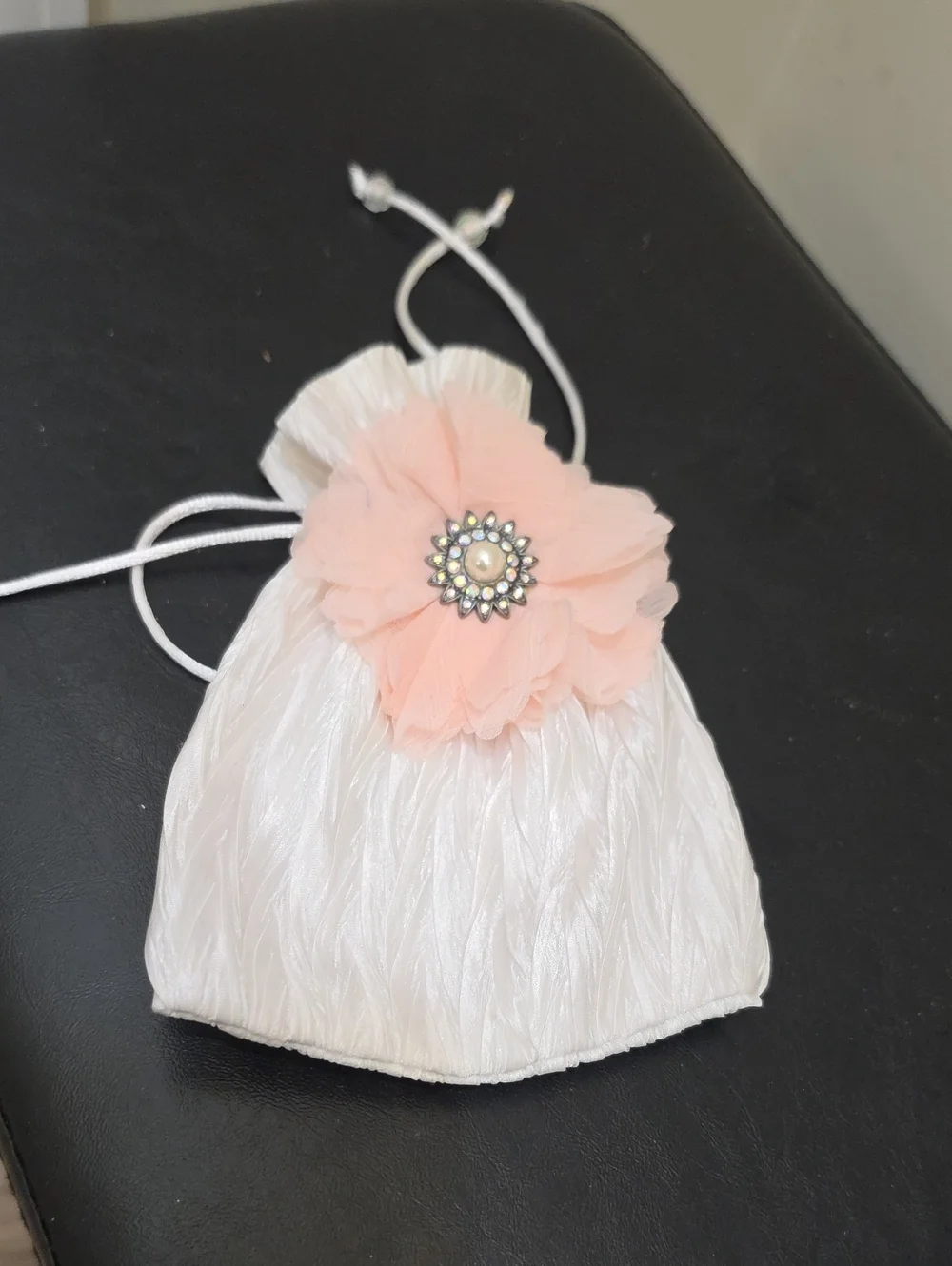 Ivory Satin Drawstring Pouch with Peach Flower Accent